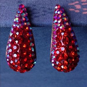 Red, pink, and purple crystal clip on earrings.